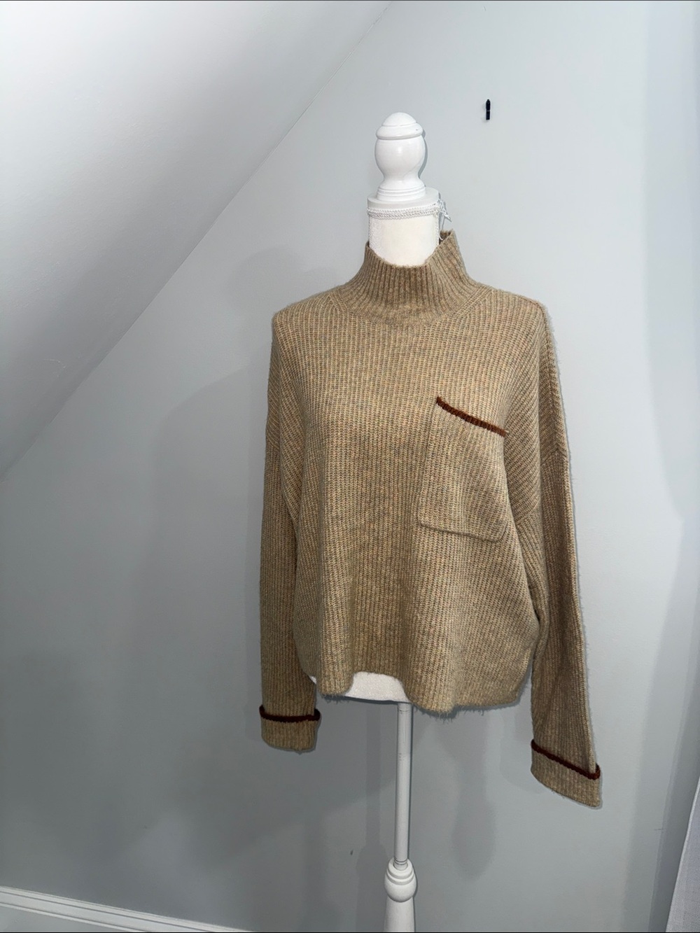 American Eagle Outfitters Beige Ribbed Mock Neck Pocket Sweater with Brown Trim
